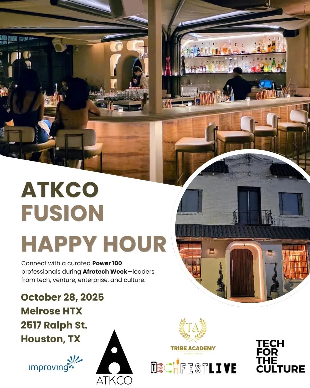 AtkCo Fusion Happy Hour flyer, October 28, 2025 at Melrose HTX.