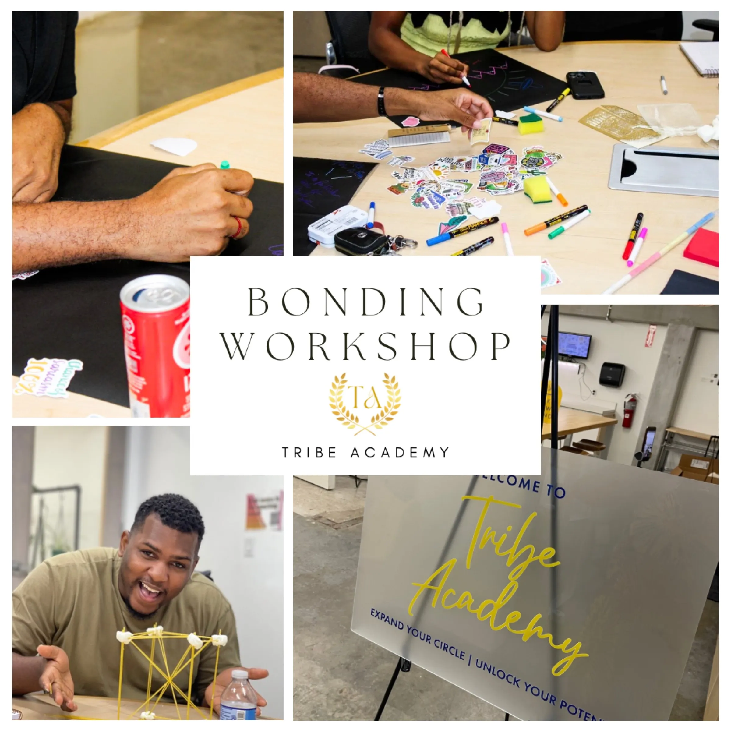 A collage from a bonding workshop with markers, stickers and a welcome sign.