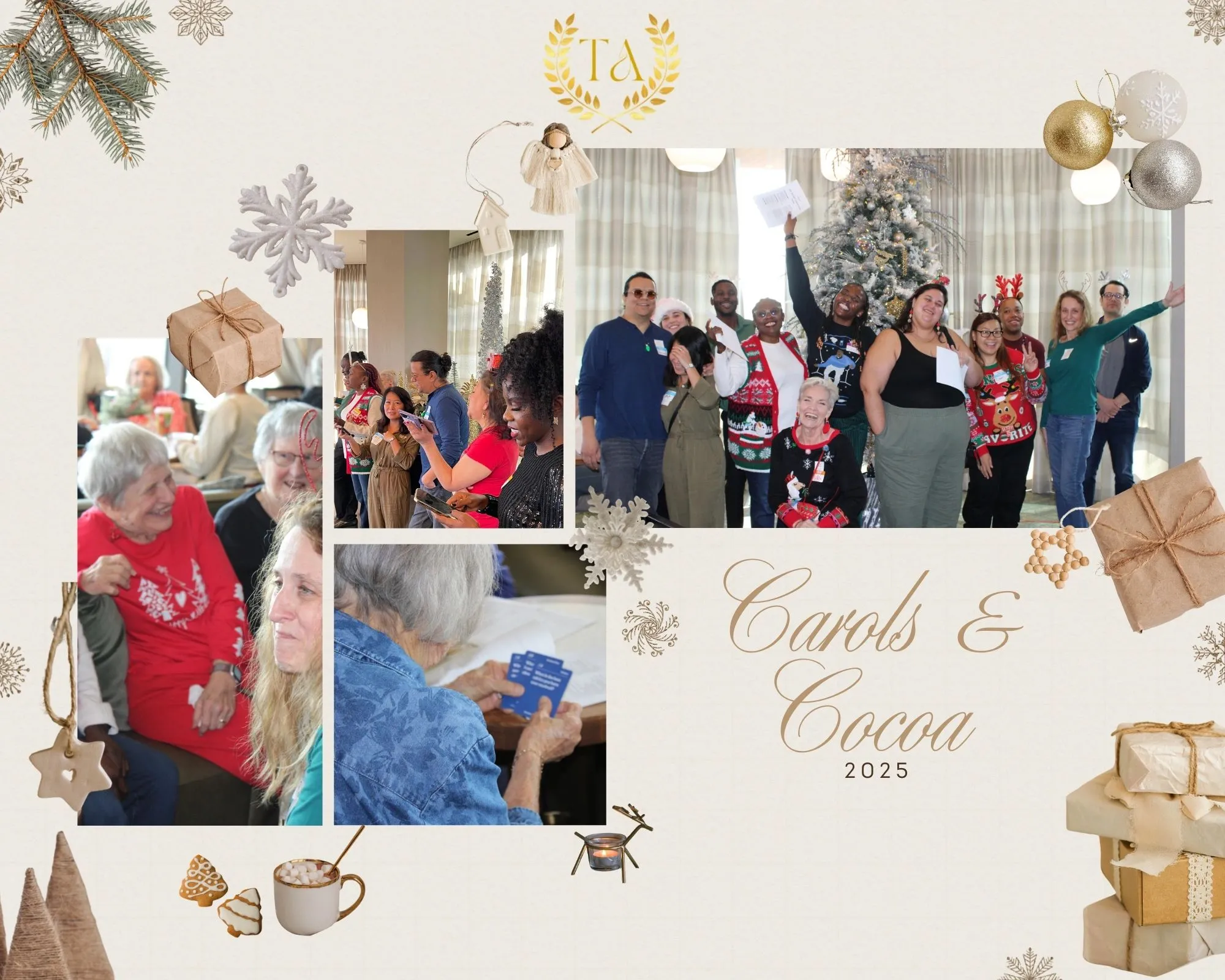 Carols & Cocoa 2025 collage of members caroling with senior residents.