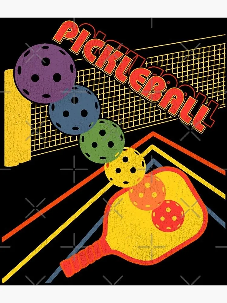 Retro 80s pickleball flyer with neon paddles and balls.