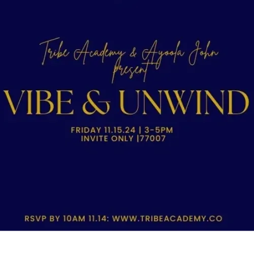 Navy and gold Vibe & Unwind invitation, Friday 11.15.24, 3–5 PM.